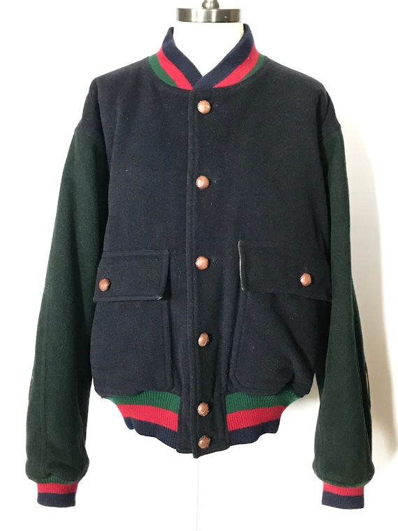 1980s 80s Wool Color Block Jacket - Navy Blue, Gre