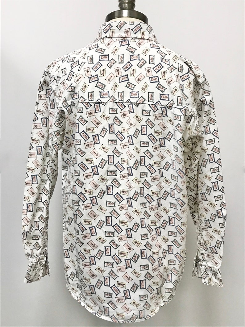 90s 1990s Long Sleeve Button Up Shirt Size Women Medium Oversize Pockets White Floral Abstract