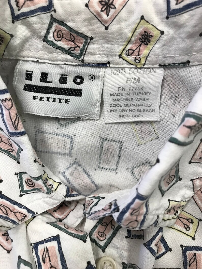 90s 1990s Long Sleeve Button Up Shirt Size Women Medium Oversize Pockets White Floral Abstract