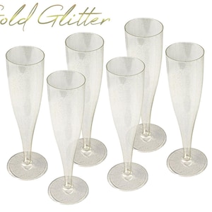 20 x Gold Glitter Plastic Prosecco Flutes 175ml Champagne Glasses