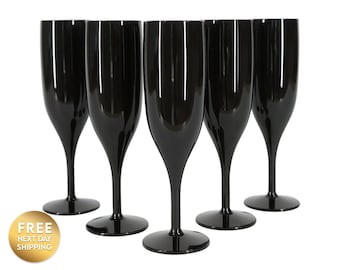 12 x Black Plastic Prosecco Flutes Reusable, Dishwasher Safe 175ml