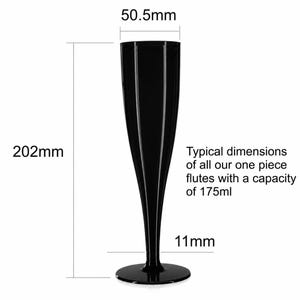 May include: A black one-piece champagne flute with a 175ml capacity. The flute measures 202mm in height, 50.5mm in rim diameter, and 11mm at the base stem. Text reads: Typical dimensions of all our one piece flutes with a capacity of 175ml.