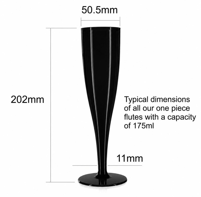 May include: A black one-piece champagne flute with a 175ml capacity. The flute measures 202mm in height, 50.5mm in rim diameter, and 11mm at the base stem. Text reads: Typical dimensions of all our one piece flutes with a capacity of 175ml.