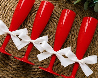 20 x Red Biodegradable Plastic Prosecco Flutes 175ml Champagne Glasses