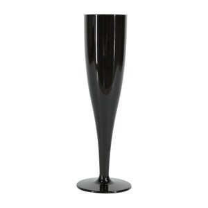 May include: A tall, slender champagne flute with a glossy black finish. The glass features a smooth, elongated bowl that tapers down into a narrow stem, resting on a circular base. The surface is reflective, showing highlights along the side.
