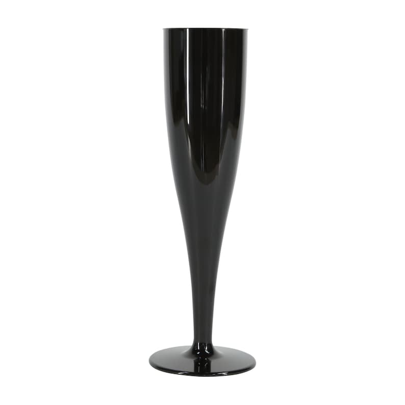 May include: A tall, slender champagne flute with a glossy black finish. The glass features a smooth, elongated bowl that tapers down into a narrow stem, resting on a circular base. The surface is reflective, showing highlights along the side.