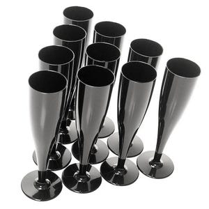 May include: A set of ten glossy black champagne flutes arranged in a cluster. Each flute features a tall, slender bowl that tapers down to a narrow stem and a circular base. The smooth, reflective surface of the plastic material is uniform.