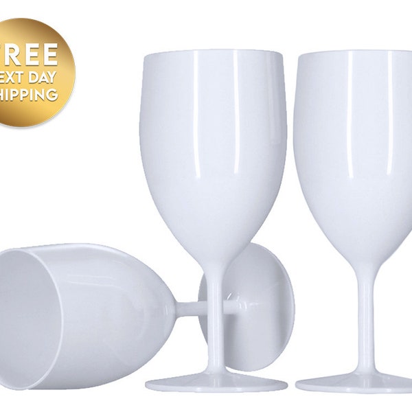 6 x White Plastic Wine Glasses Reusable, Dishwasher Safe 250ml