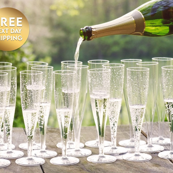 50 x Clear Disposable Plastic Prosecco Flutes 175ml Champagne Glasses