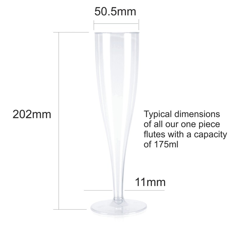 May include: Clear plastic champagne flute with a capacity of 175 ml. The flute is 20.2 cm tall and has a 5 cm diameter base.