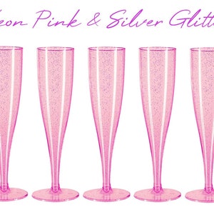 10 x Pink with Silver Glitter Plastic Prosecco Flutes 175ml Champagne Glasses
