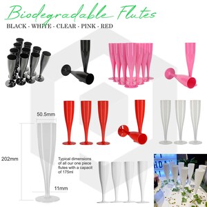 May include: Set of biodegradable champagne flutes in black, white, clear, pink, and red. The flutes are 202mm tall, 50.5mm wide, and hold 175ml.