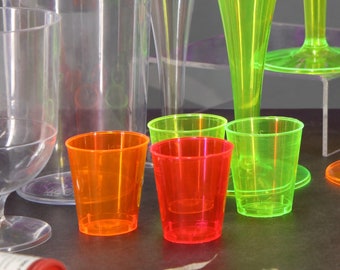 72 x Plastic Disposable Neon Colour Shot Glasses Marked 3cl 30ml