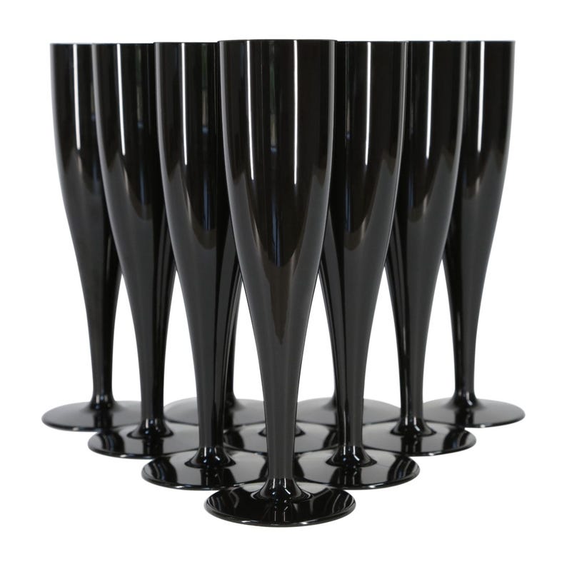 May include: A set of eight glossy black champagne flutes arranged in a triangular formation. Each flute features a tall, slender bowl that tapers down to a narrow stem and a wide, circular base, all crafted from a solid, opaque black material.