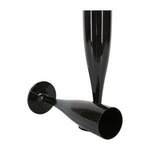May include: Two glossy black champagne flutes with a tall, slender bowl and a circular base. One flute stands upright while the other is positioned horizontally, showcasing the smooth, reflective surface and the elongated, tapered design.