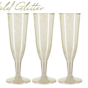 12 x Gold Glitter Plastic Prosecco Flutes 150ml Detachable base