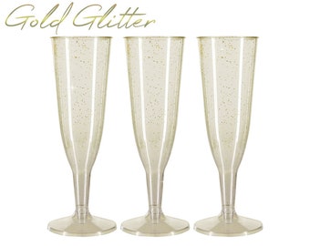 12 x Gold Glitter Plastic Prosecco Flutes 150ml Detachable base