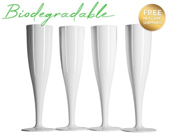 10 x White Biodegradable Plastic Prosecco Flutes 175ml Champagne Glasses