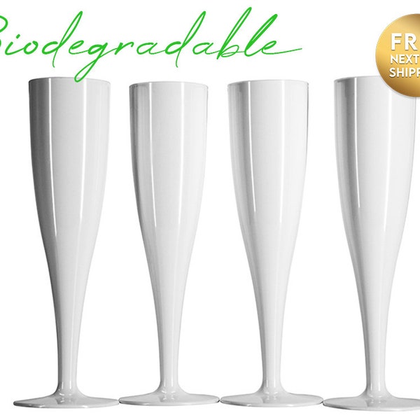10 x White Biodegradable Plastic Prosecco Flutes 175ml Champagne Glasses