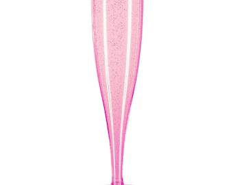 10 x Pink with Silver Glitter Plastic Prosecco Flutes 175ml Champagne Glasses