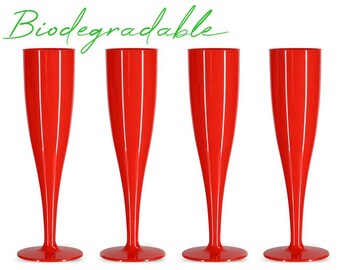 10 x Red Biodegradable Plastic Prosecco Flutes 175ml Champagne Glasses