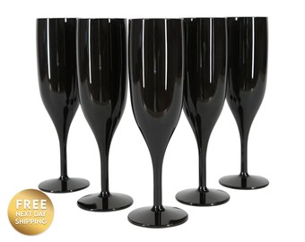 48 x Black Plastic Prosecco Flutes Reusable, Dishwasher Safe 175ml