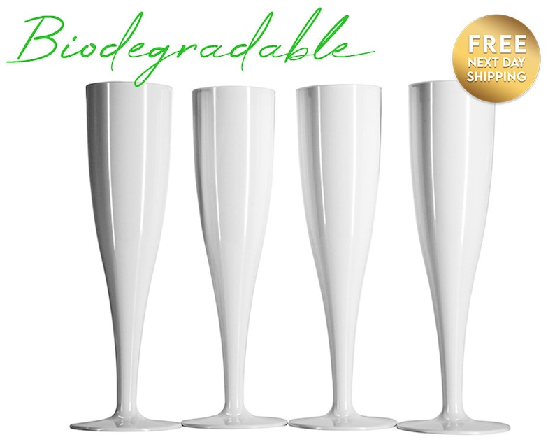 May include: Set of four white plastic champagne flutes. The flutes are biodegradable.