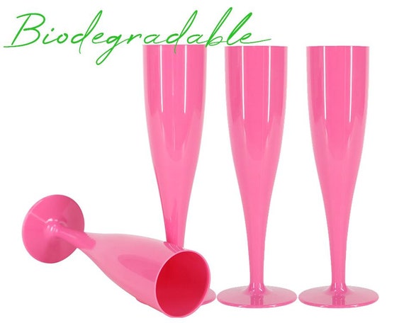 100 X Pink Biodegradable Plastic Prosecco Flutes 175ml Champagne