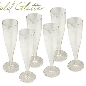 10 x Gold Glitter Plastic Prosecco Flutes 175ml Champagne Glasses