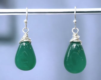 Sterling Silver and Green Onyx Earrings ~ Drop Earrings ~ Dangle Earrings ~ Gift for Her ~ Artisan Jewelry ~ Bohemian Earrings