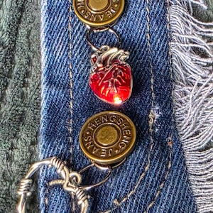 Gothic Upcycled Denim Keychain | Witchy Bag Charm | Anatomical Heart & Barbed Wire Charms | Pentagram Planchette