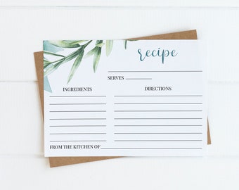Greenery Recipe Card, Bridal Shower Recipe Card, Instant Download, Editable Succulent Wedding Recipe Template, Printable Recipe Insert #005