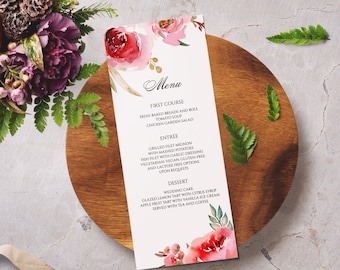 Floral Wedding Menu Template, Printable Wedding Menu, Instant Download, Editable Text, DIY, Boho Wedding Menu Card Template #001