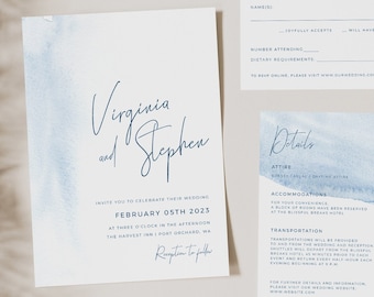 Light Blue Wedding Invitation Template, Watercolor Blue Wedding Invitation, Instant Download, Minimalist Pastel Blue Wedding, Dusty Blue 021