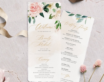 Ivory Blush Wedding Program, Printable Wedding Program Template, Instant Download, Editable Cream Wedding Program, Beige Floral Program #014