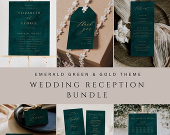 Emerald Green And Gold Wedding Bundle, Wedding Reception Bundle, Wedding Sign Template, Welcome Sign, Seating Chart, Wedding Bar Sign  024