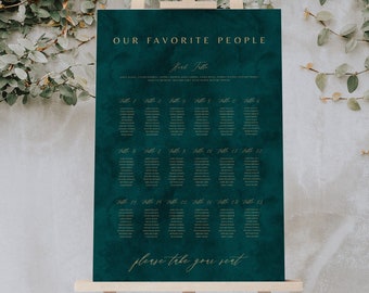 Our Favorite People Seating Chart, Emerald Green And Gold Seating Chart, Wedding Seating Chart Template, Green Seating Plan, Download 024