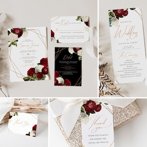 Burgundy Wedding Template Bundle, Burgundy And Gold Wedding Invitation, Editable Wedding Invitation Template, Printable Wedding Bundle007