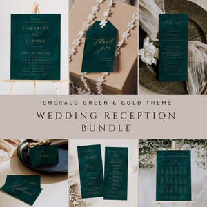Emerald Green And Gold Wedding Bundle, Wedding Reception Bundle, Wedding Sign Template, Welcome Sign, Seating Chart, Wedding Bar Sign  024