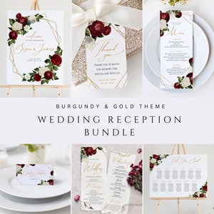 Burgundy And Gold Wedding Reception Bundle, Instant Download, Wedding Sign Bundle, Wedding Welcome Sign, Custom Sign, Wedding Program 007