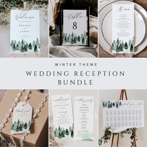 Winter Wedding Sign Template Bundle, Wedding Reception Bundle, Seating Chart, Welcome Sign, Printable Wedding Signs Bundle, Wedding Menu 022