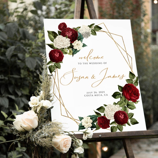 Burgundy Wedding Welcome Sign, Editable Welcome Sign Template, Instant Download, Vintage Rose Welcome Poster Burgundy Gold Welcome Sign #007