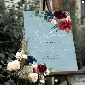 Staubiges Blau Burgund Hochzeit Willkommensschild, bearbeitbares Willkommensschild Vorlage, sofortiger Download, druckbare Hochzeit Willkommensschild, Winter Zeichen #016