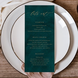 Smaragdgroen trouwmenu, dinermenusjabloon, instant download, smaragdgroen gouden bruiloftsdecor, huwelijksreceptie, bewerkbaar menu 024