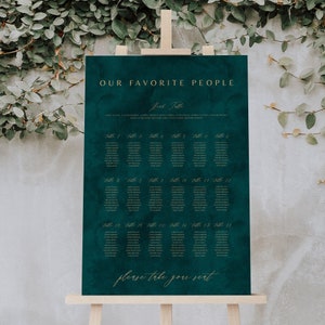May include: A teal green wedding seating chart with gold lettering. The chart is titled "Our Favorite People" and lists the names of guests assigned to each table. The bottom of the chart reads "Please take your seat."