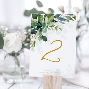 Groen gouden bruiloft tabelnummer, Instant Download, bewerkbare tabelkaartsjabloon, afdrukbare tabelnummers, Boho Wedding Table Card #017