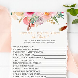 Floral Bridal Shower Game, How Well Do You Know The Bride, Instant Download, Editable Bridal Game Template, Wedding Game Printable Game #001