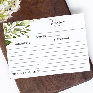 Greenery Recipe Card, Bridal Shower Recipe Card, Instant Download, Editable Wedding Recipe Template, Printable Recipe Insert Template #006