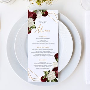 Burgundy Wedding Menu Template, Printable Wedding Menu, Instant Download, Editable Burgundy Menu, DIY, Boho Wedding Menu Card Template #007