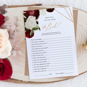 How Well Do You Know The Bride, Burgundy Bridal Shower Game, Instant Download, Editable Bridal Game Template, Burgundy Wedding Game #007